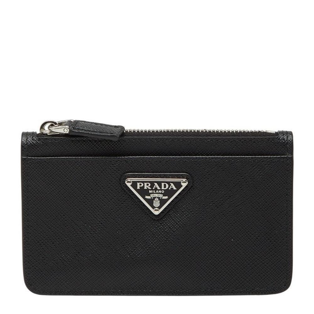 Prada Leather Triangle Logo Plate Coin Case Saffiano Black